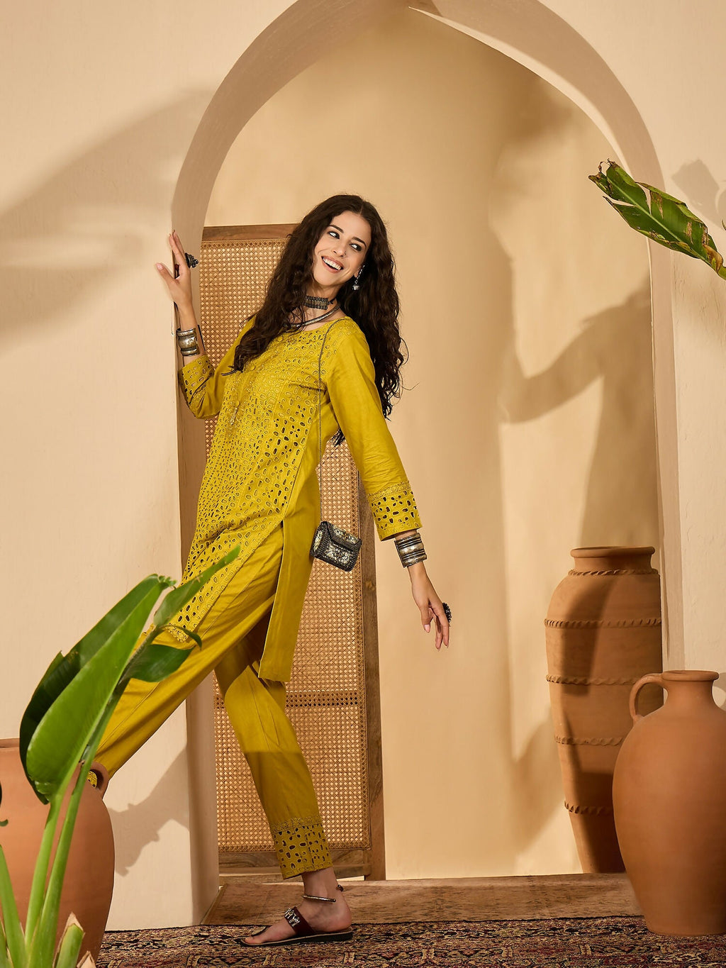 Joban Fashion Embroidery Mustard Pure Cotton Cord Set | Grocsy