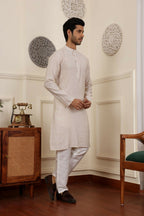 White Modal Silk Woven Designer Men's Rajwadi Kurta Set - Mahotsav | Grocsy