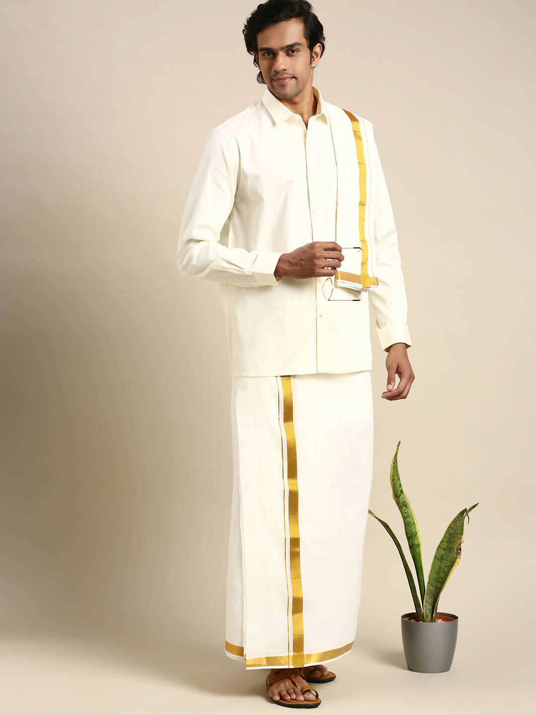 Ramraj Cotton Wedding Cream Zari Dhoti with shirt Bit & Towel Set Subamangalam 50k | Grocsy