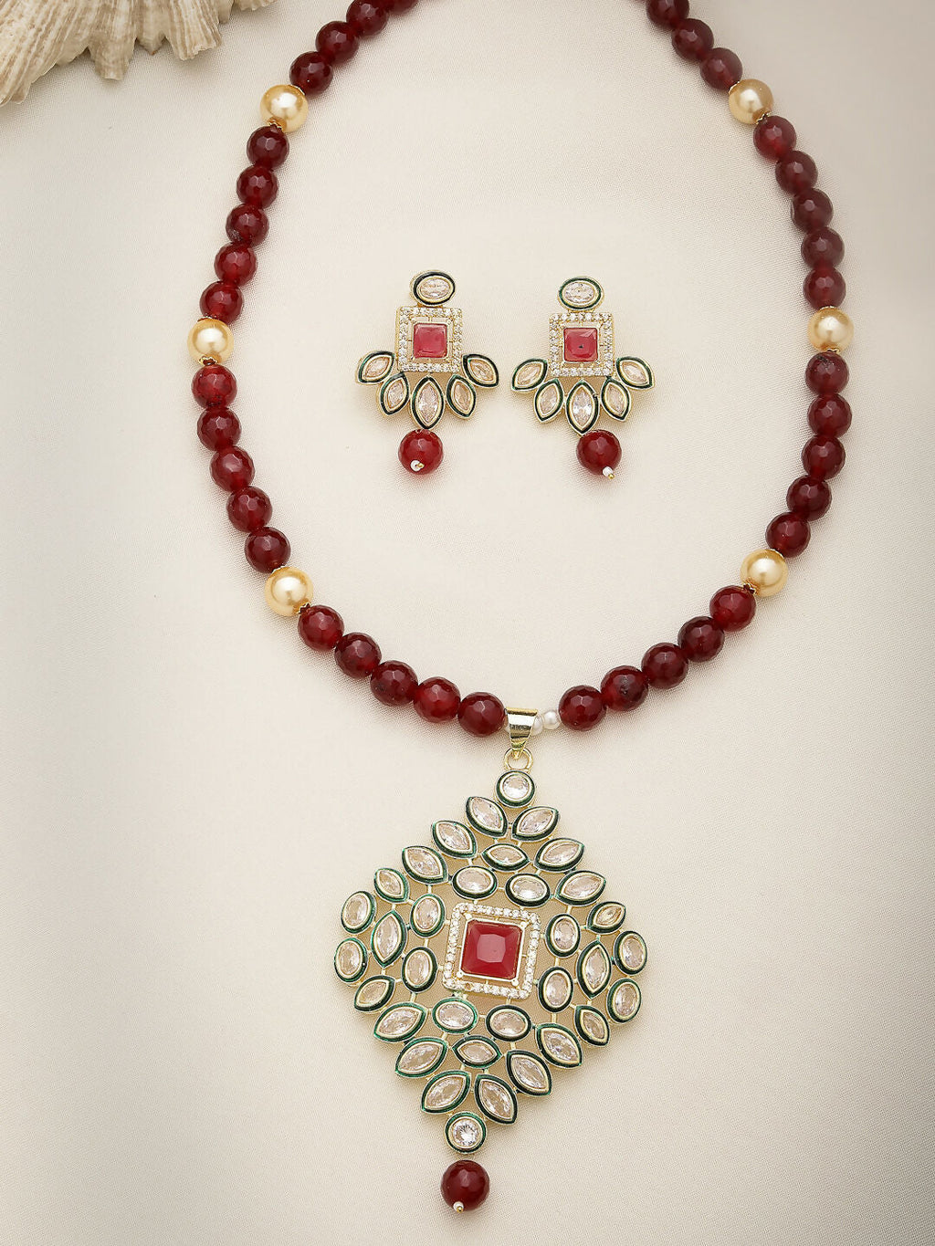NVR Women's Red Kundan-Studded & Beaded Handcrafted Jewellery Set | Grocsy