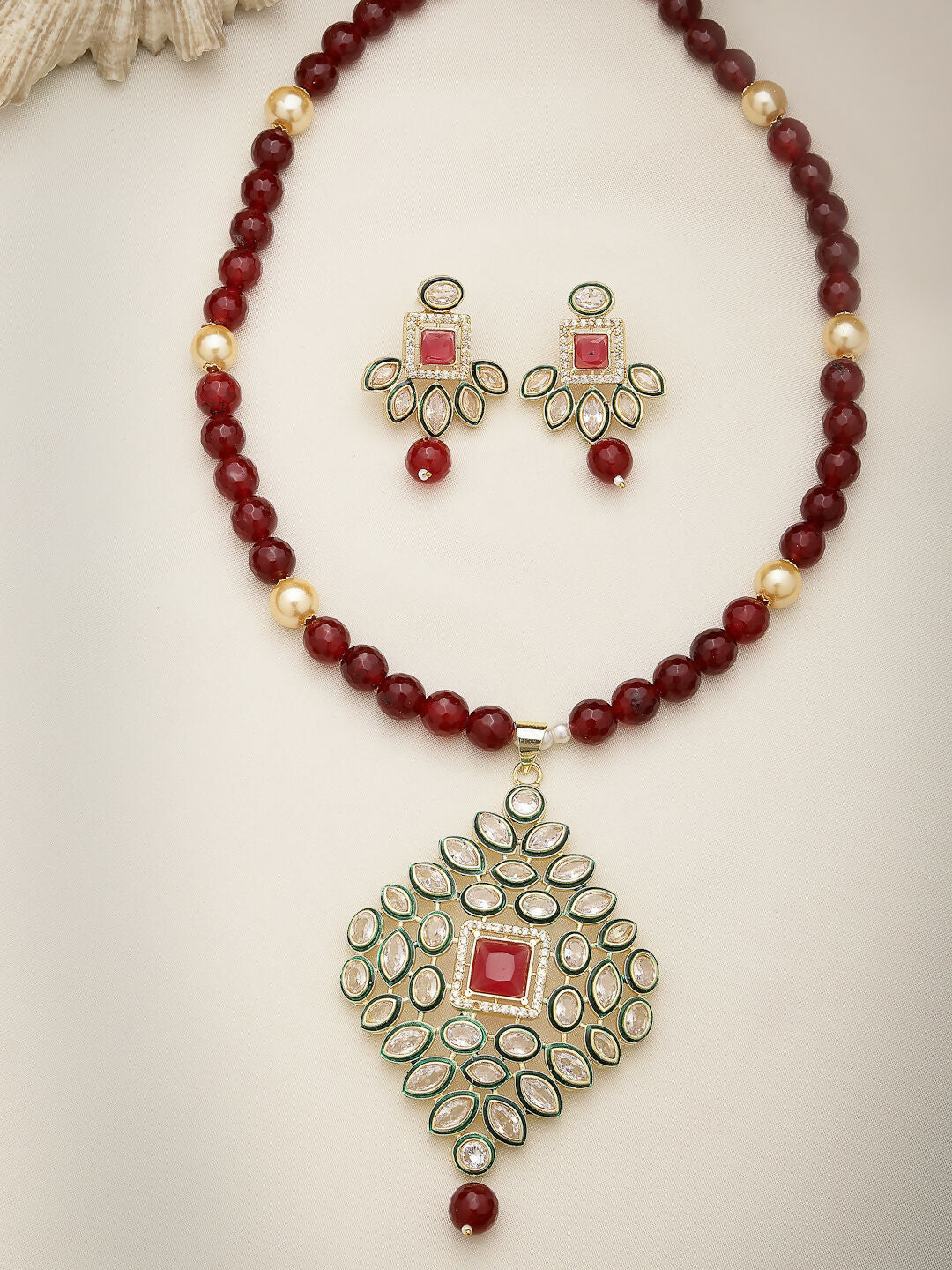 NVR Women's Red Kundan-Studded & Beaded Handcrafted Jewellery Set | Grocsy