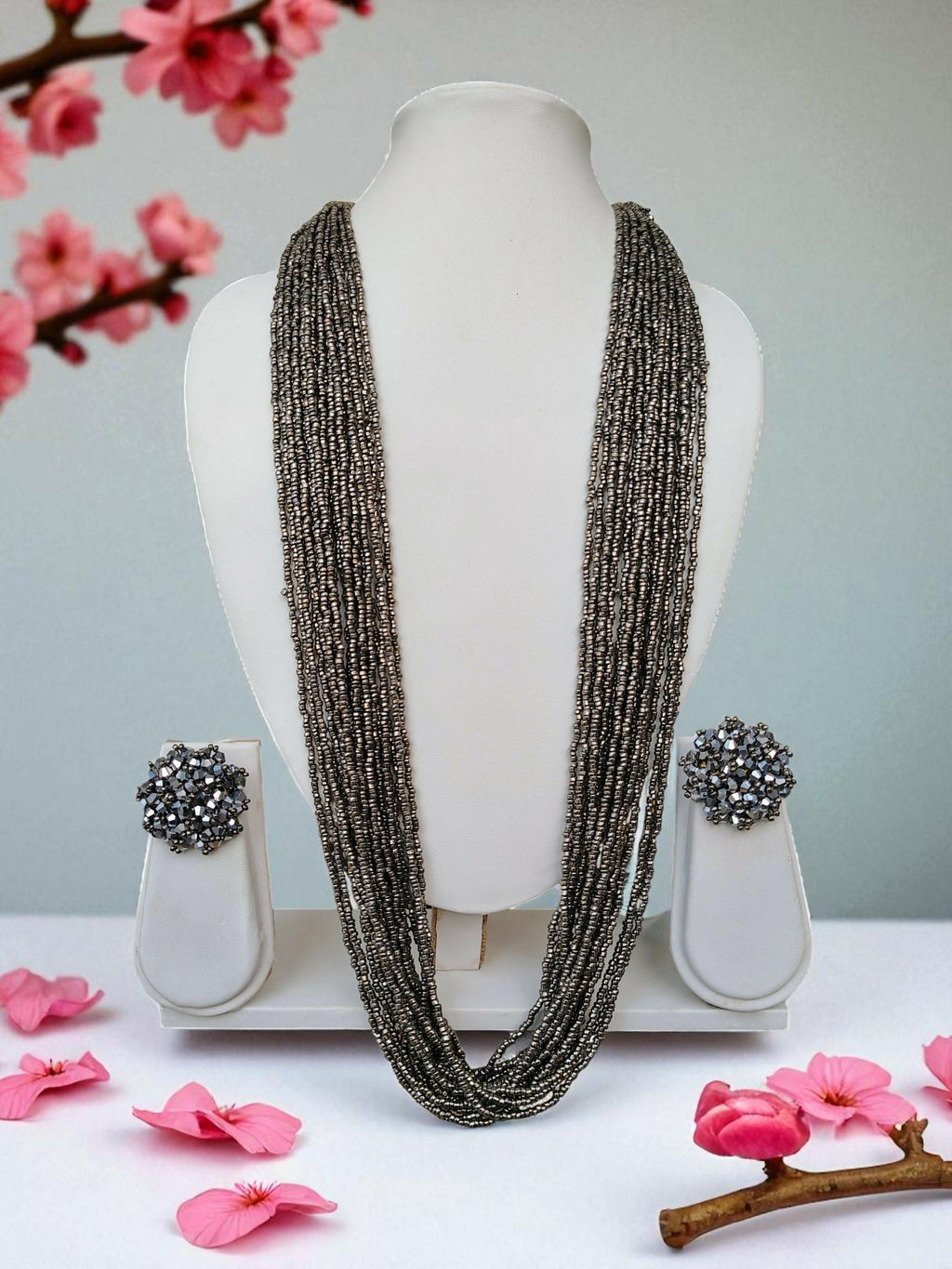 Inhanns Rangsaaz 20-Layer Luxe Long Beaded Necklace (With Optional Statement Earrings) - Silver With Earring | Grocsy