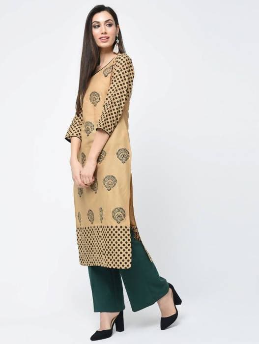 Aniyah Cotton Block Printed Beige Straight Kurta (AN-126K) | Grocsy