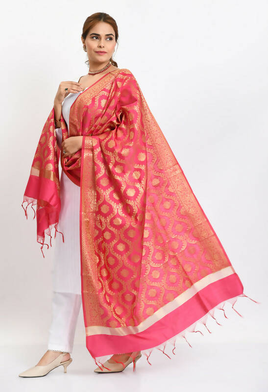 Mominos Fashion Moeza Women's Banarsi Silk All Over Woven Design Pink Dupatta | Grocsy