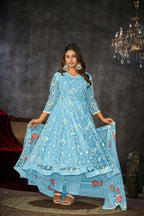 Jyoti Fashion Women's Sky Blue Net Embroidered Anarkali Kurta Pant Set With Dupatta | Grocsy