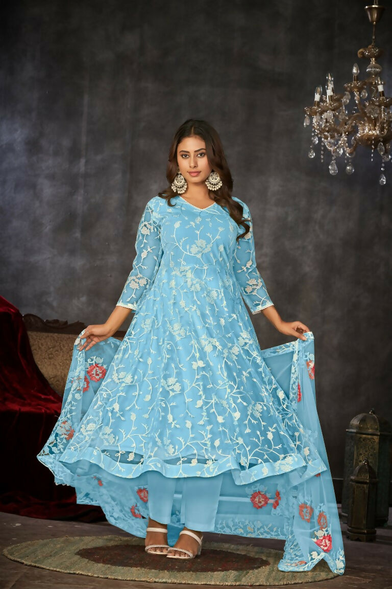 Jyoti Fashion Women's Sky Blue Net Embroidered Anarkali Kurta Pant Set With Dupatta | Grocsy