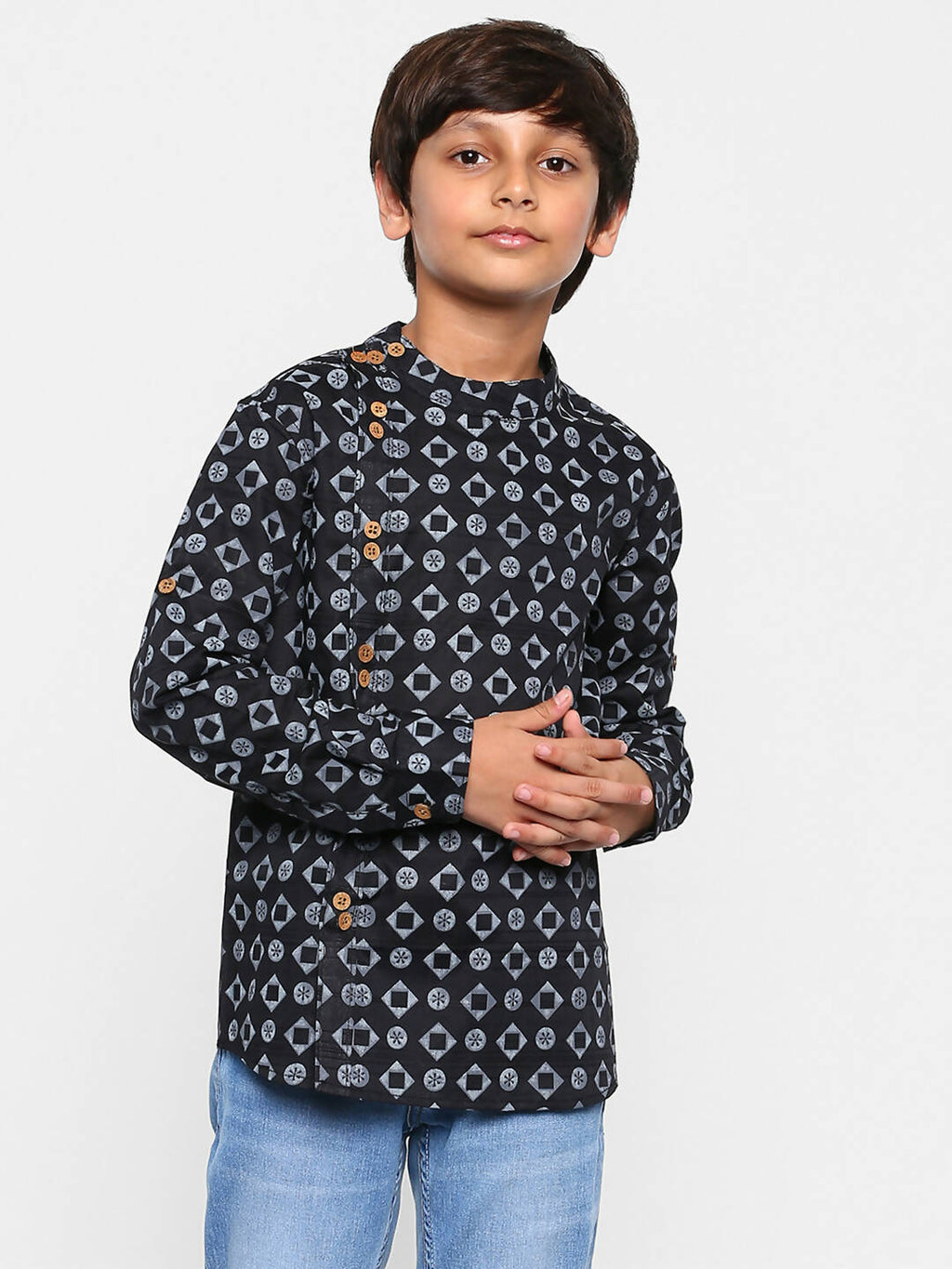 Manet Ethnic Full Sleeves Circle Printed Shirt - Black | Grocsy
