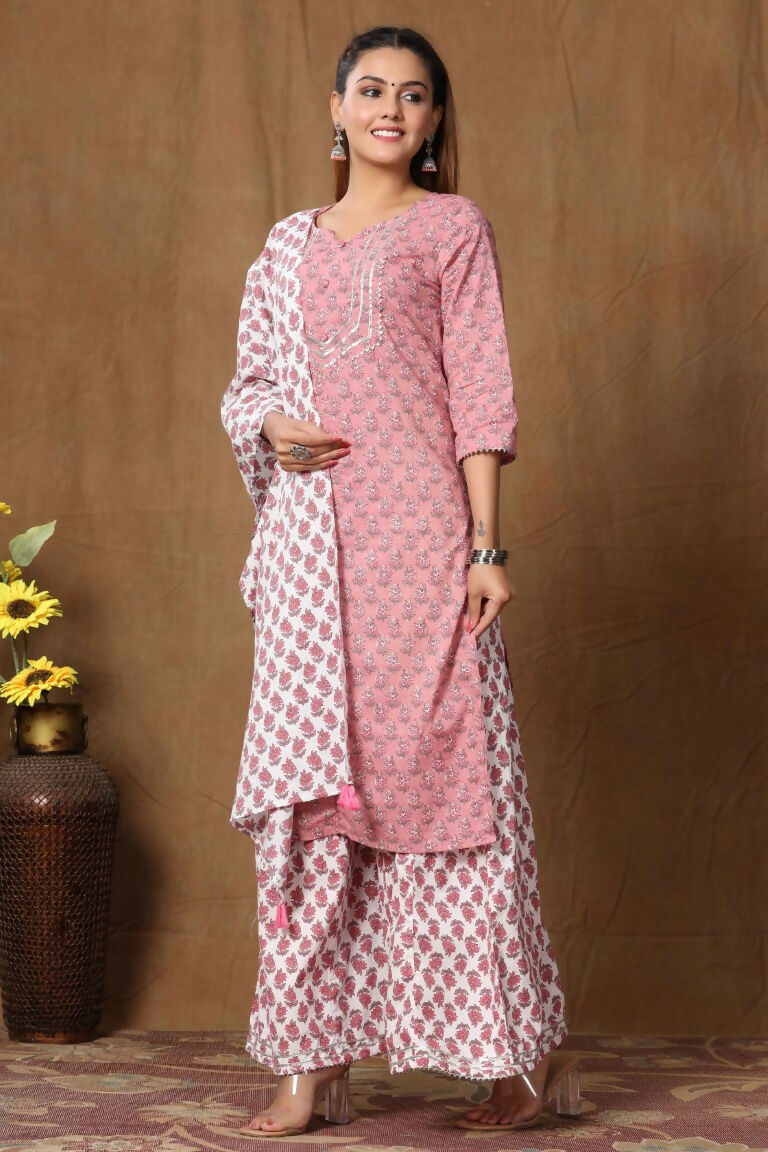 Miravan Women's Cotton Kurta With Palazzo & Dupatta Set | Grocsy