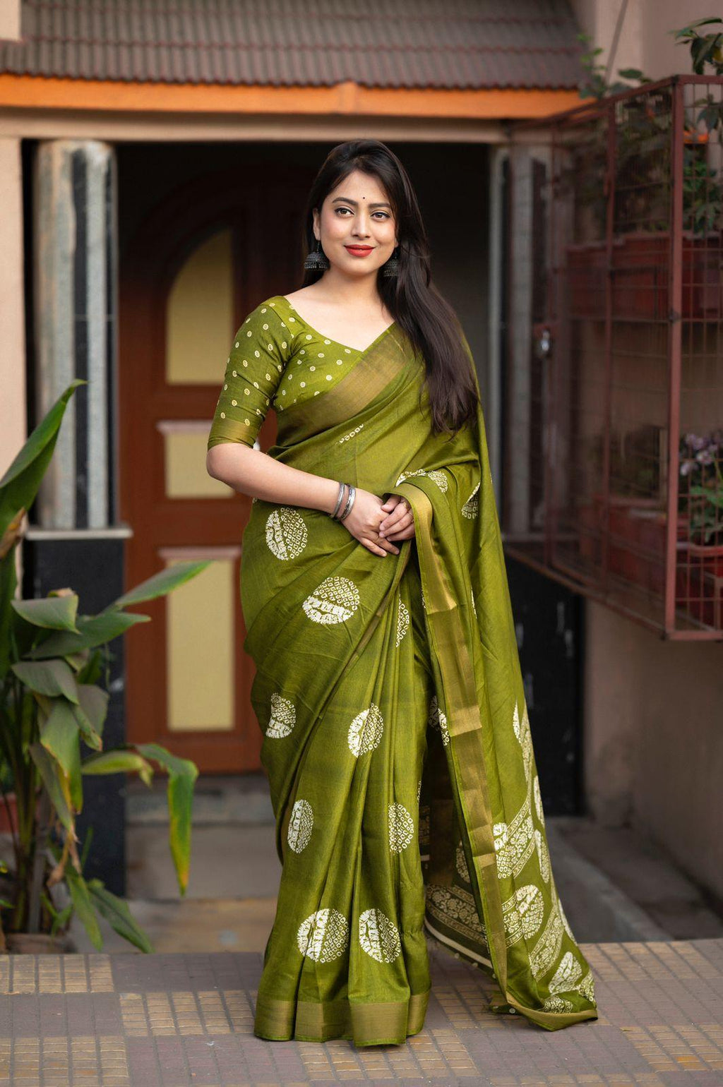 Mehndi Cotton Crepe Batik Print Saree with Unstitched Blouse - Hiral Fashion | Grocsy