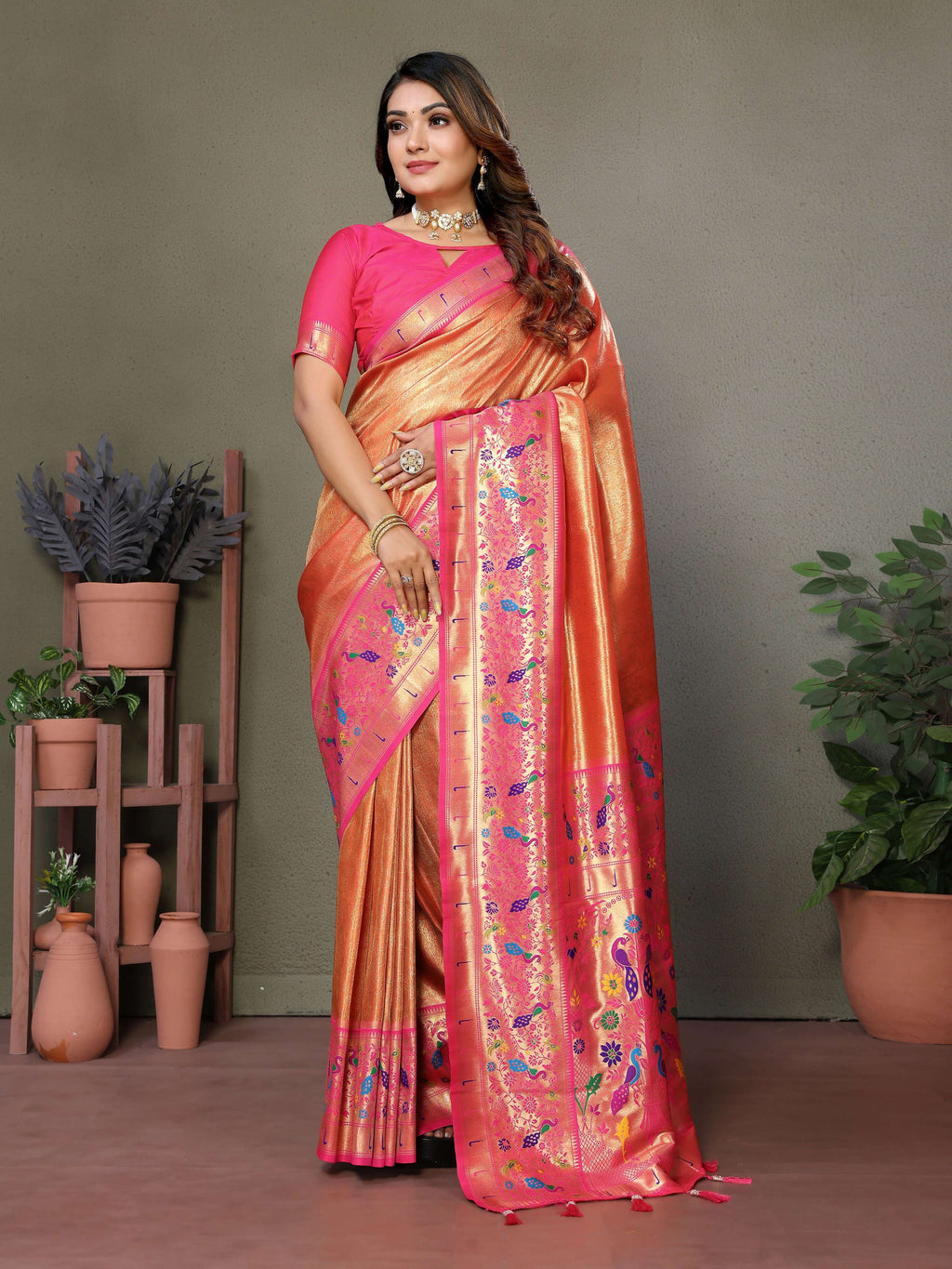 Aastha Fashion Orange Tissue Silk Paithani Woven Saree | Grocsy