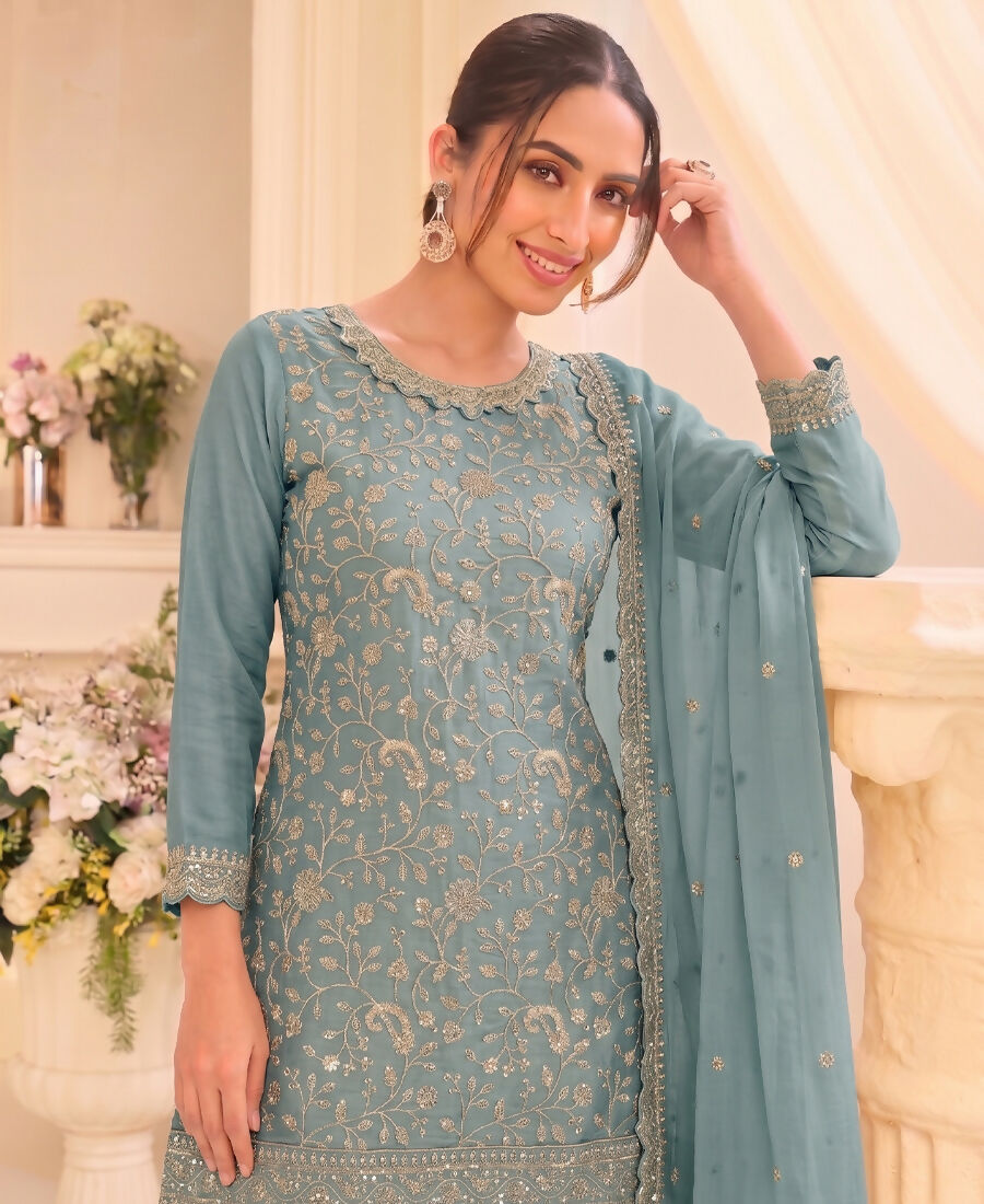 KC Sky Blue Vichitra Silk Palazzo Suit For Women Festival Wear | Grocsy