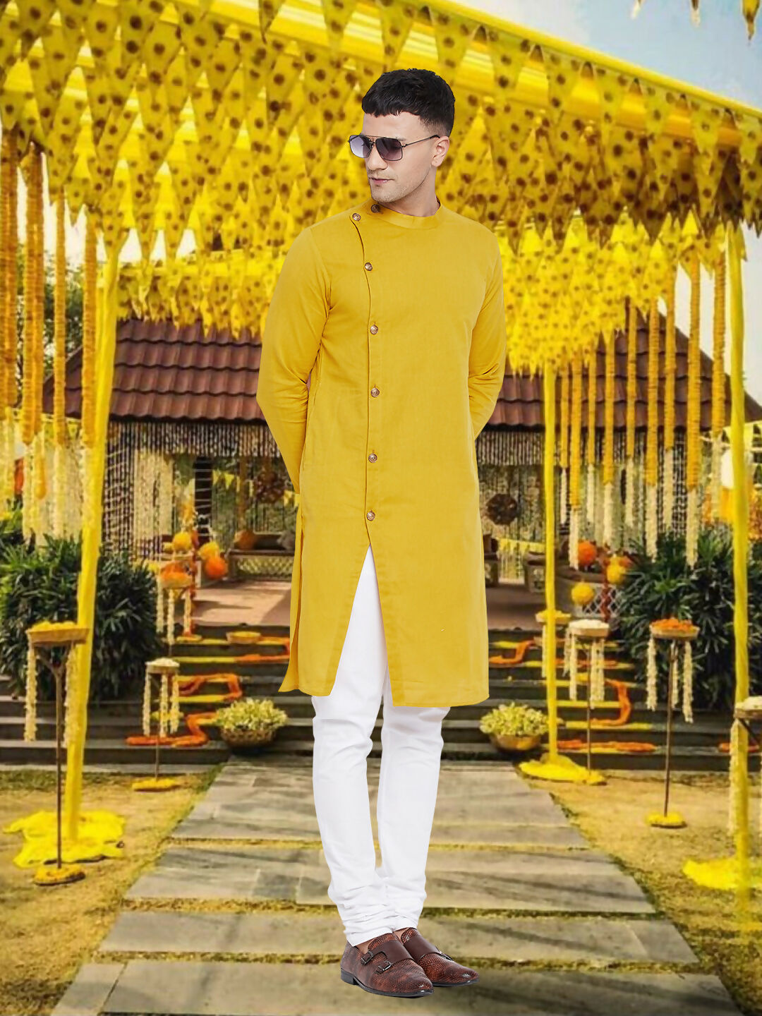 Even Apparels Men's Asymetrical Yellow Sherwani Kurta | Grocsy