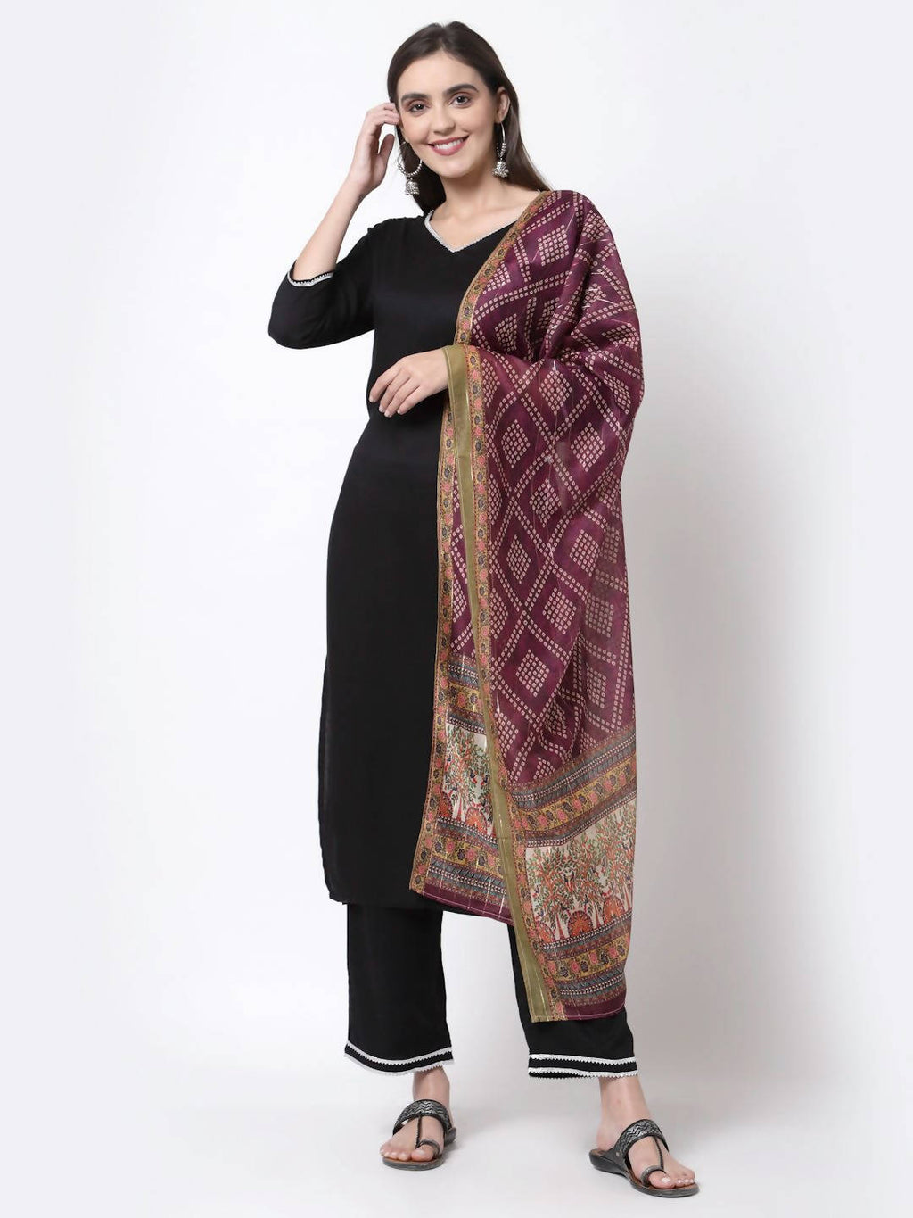 Myshka Black Cotton Half Sleeve V Neck Solid Casual Kurta Pant Dupatta Set | Grocsy