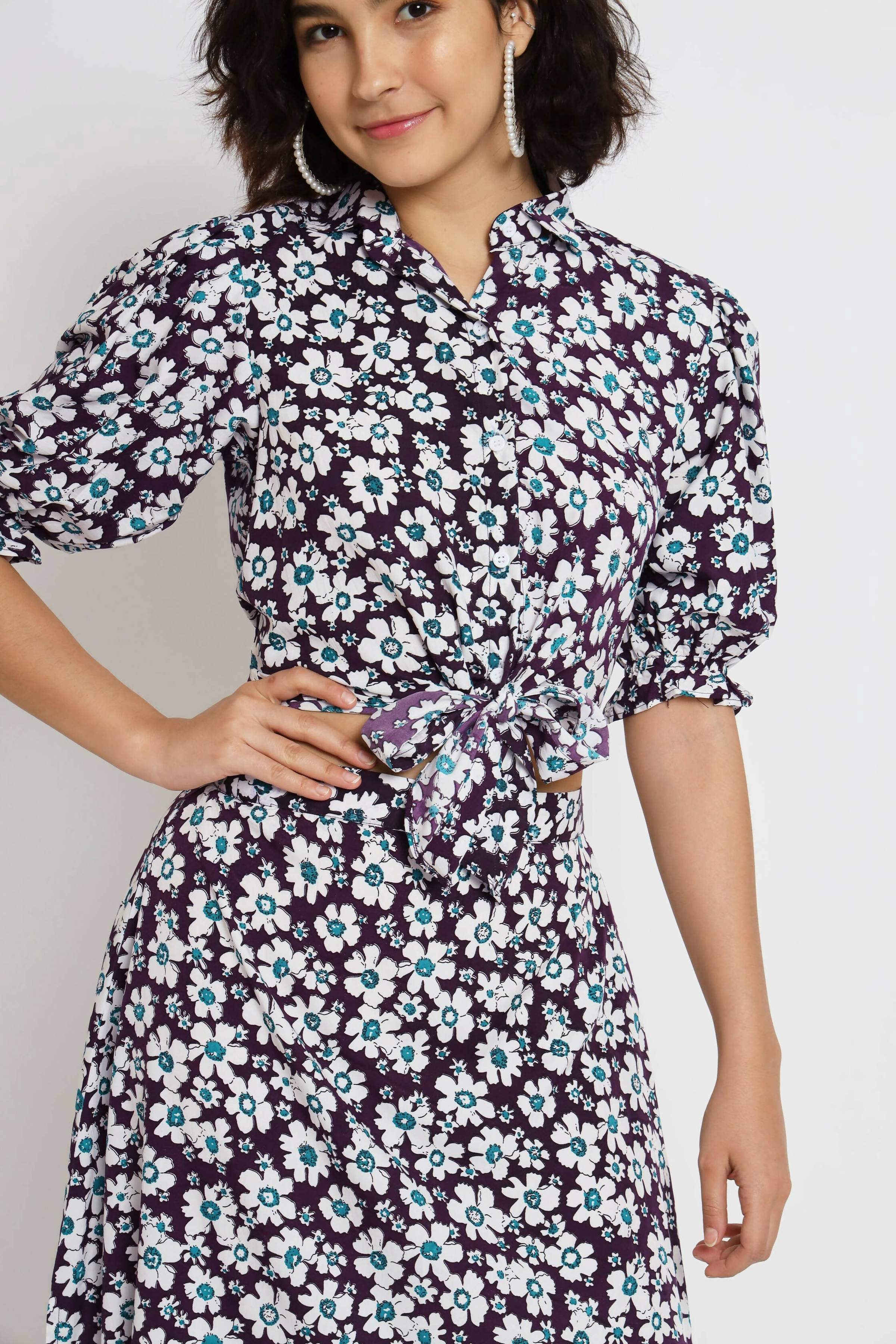 Purple Crepe Floral Printed Top with Matching Skirt - Shivani | Grocsy