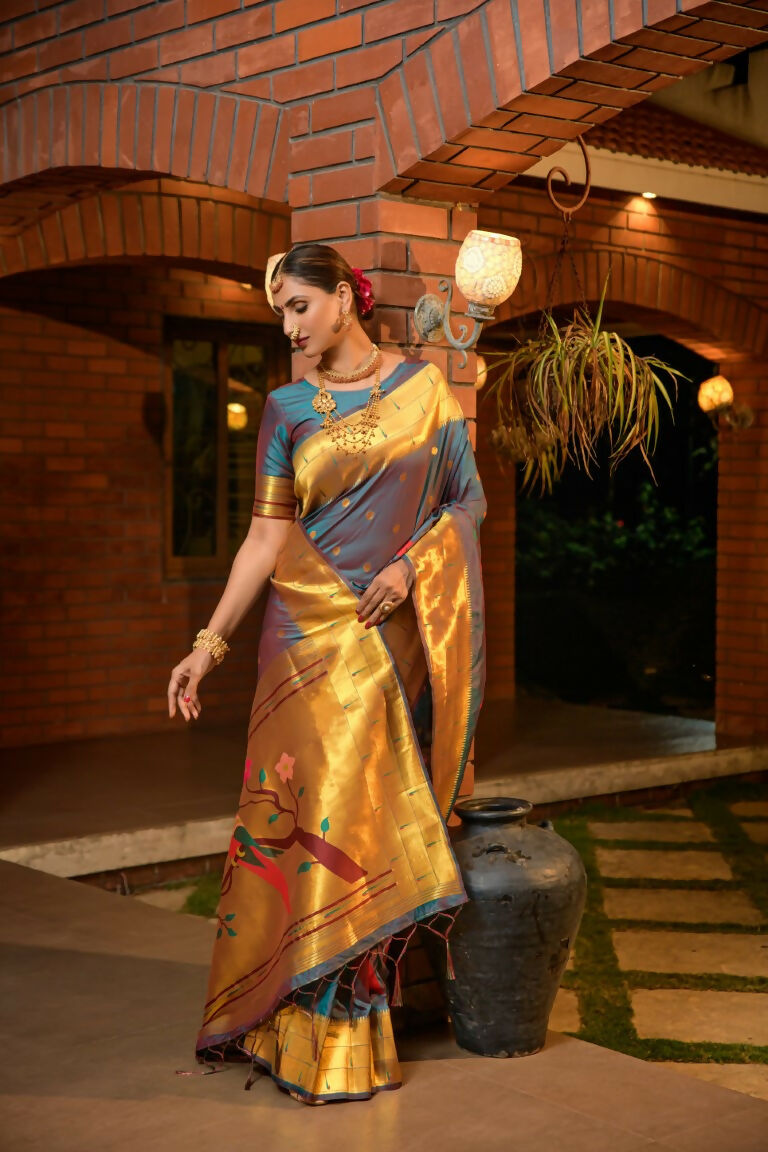 Jyoti Fashion Women's Teal Paithani Silk Zari Woven Saree with Blouse | Grocsy