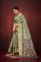 Pista Green Poly Habotai Silk Foil Print Saree with Unstitched Blouse - Kathari | Grocsy