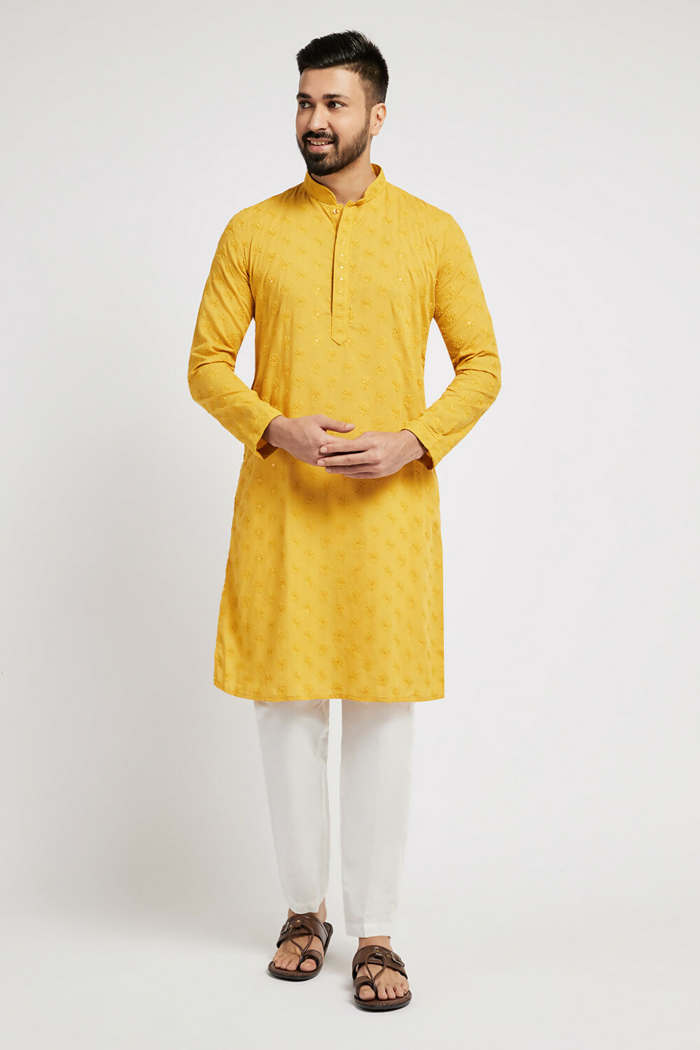 Ethnic India Yellow Men's Kurta Ethnic Motifs Cotton | Grocsy