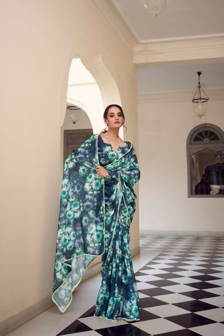 Vastranavya Navy Blue Weightless Marble Printed & Pearl Lace Border Saree with Unstitched Blouse | Grocsy