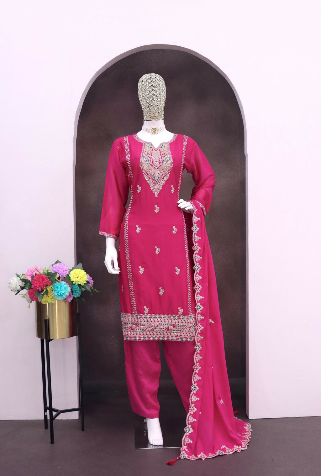 Anaita Rani Pink Heavy Chinon Readymade Suit with Embroidery & Sequence Work | Grocsy