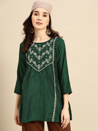 Women's Dark Green Viscose blend Embroidered Short Top - Marina | Grocsy