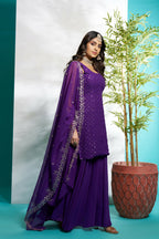 Aayaa Designer Faux Gorgette Embroidery Zari Sequins Thread work Full Flaired plazzo Suit with Dupatta - Purple | Grocsy