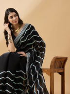 Black Tissue Slub Embroidered Saree with Unstitched Blouse - Vairagi | Grocsy