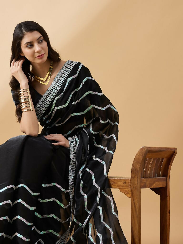 Black Tissue Slub Embroidered Saree with Unstitched Blouse - Vairagi | Grocsy