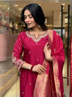 The52 Maroon Beautiful Embroidered Viscose Chanderi Fabric Straight Kurta Pant with Dupatta Set | Grocsy