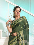 Exclusive Collection Beautiful Olive Pure Cotton Woven Handloom Saree With Running Blouse Piece | Grocsy