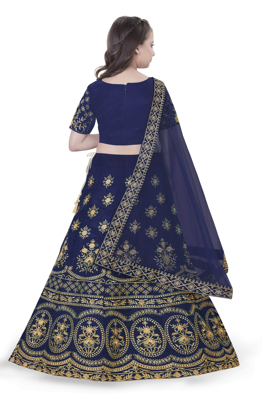 Dwiden Navy Blue Lehriyu Tafetta Sattin Semi-Stitched Girl's Lehenga Choli | Grocsy