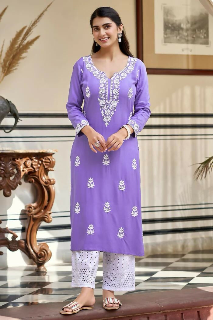 The52 Lavender Women's Gorgeous Chikankari work Pure Rayon Fabric Straight Kurta, Pant Set | Grocsy