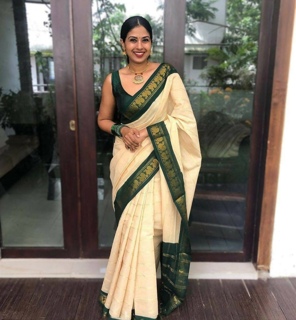 DEIANA'S Beautiful Designer Golden zari Soft Lichi Silk Saree - White | Grocsy