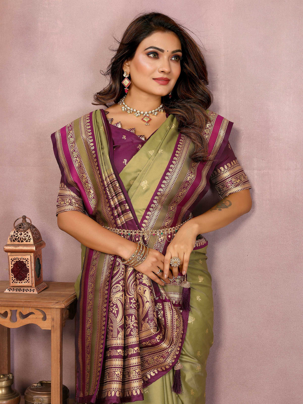 Aastha Fashion Mehndi Kalamkari Silk Weaving Saree | Grocsy