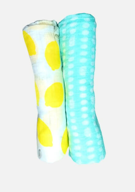 Kindermum Organic Cotton Muslin Swaddle Blanket 100 Cm X 100 Cm - Set Of 2 - Pista And Lemon | Grocsy