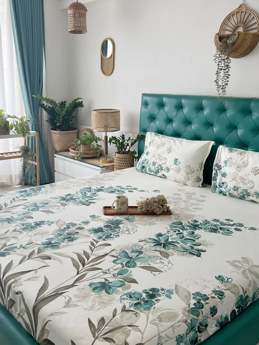 URBAN SPACE Serene White & Blue Printed 200 TC Pure Cotton Bedsheet & Pillow Covers | Grocsy