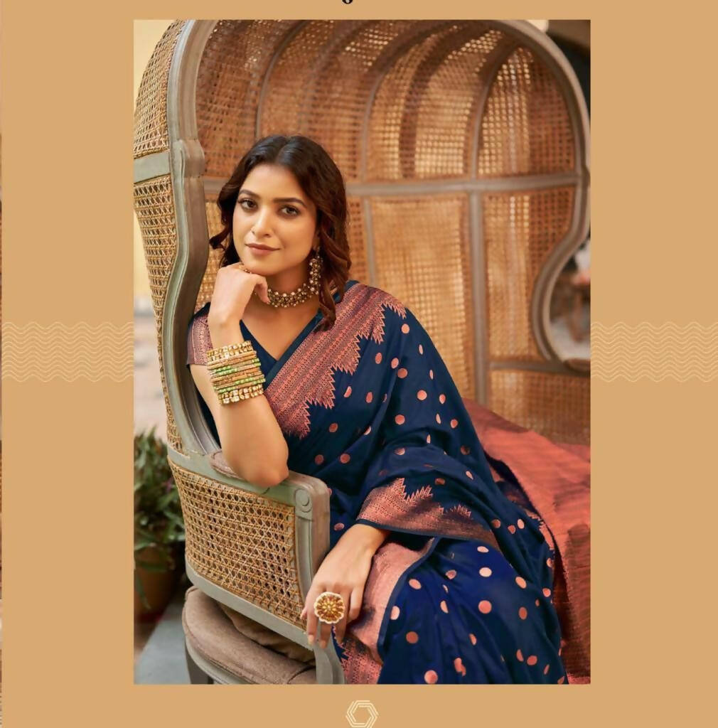 DEIANA'S Beautiful Designer Golden zari Soft Lichi Silk Saree - Navy Blue | Grocsy