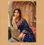 DEIANA'S Beautiful Designer Golden zari Soft Lichi Silk Saree - Navy Blue | Grocsy
