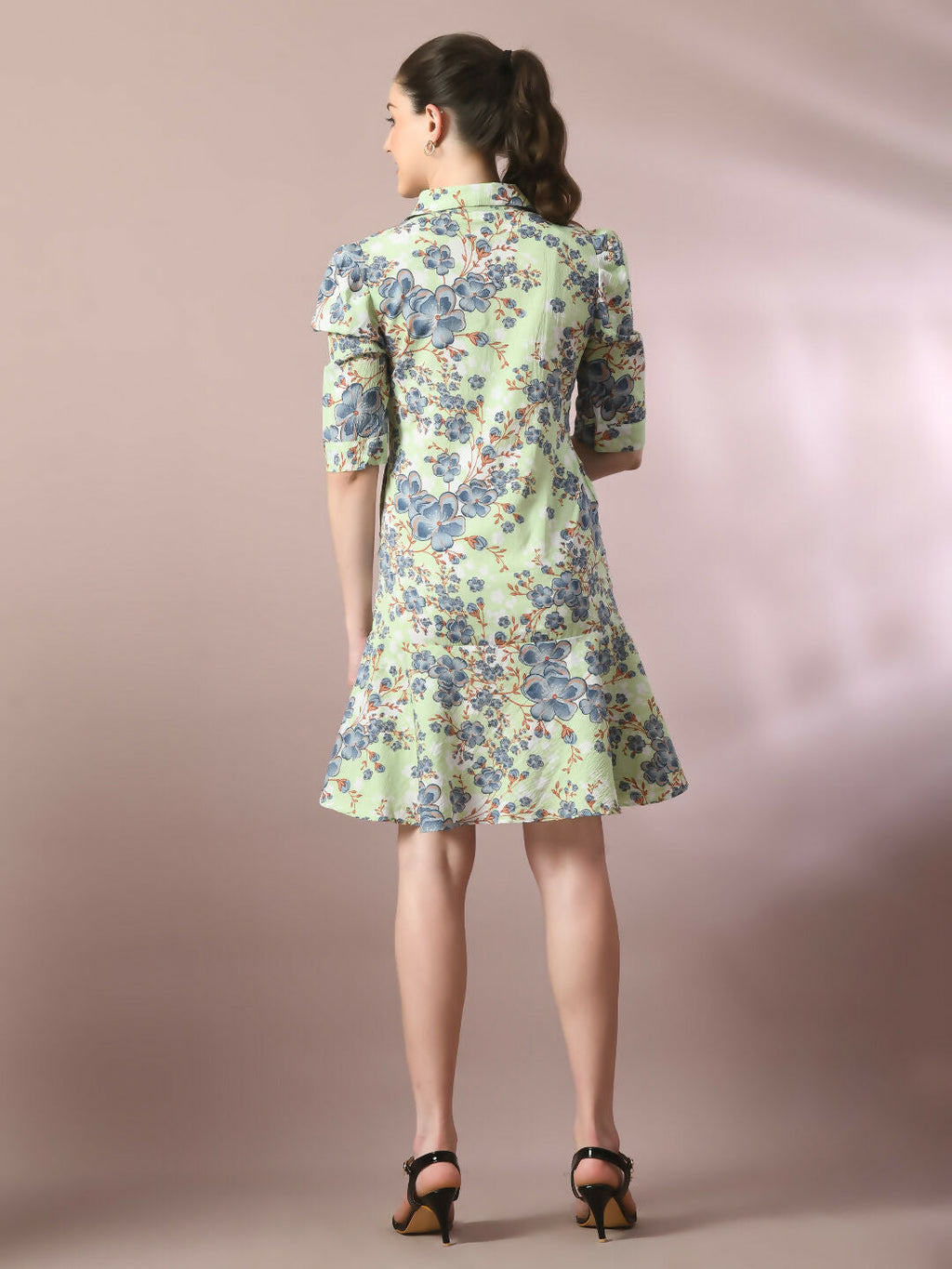 Myshka Women's Green Printed Shirt Collar Fit and Flare Party Dress | Grocsy