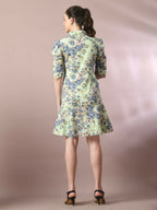 Myshka Women's Green Printed Shirt Collar Fit and Flare Party Dress | Grocsy