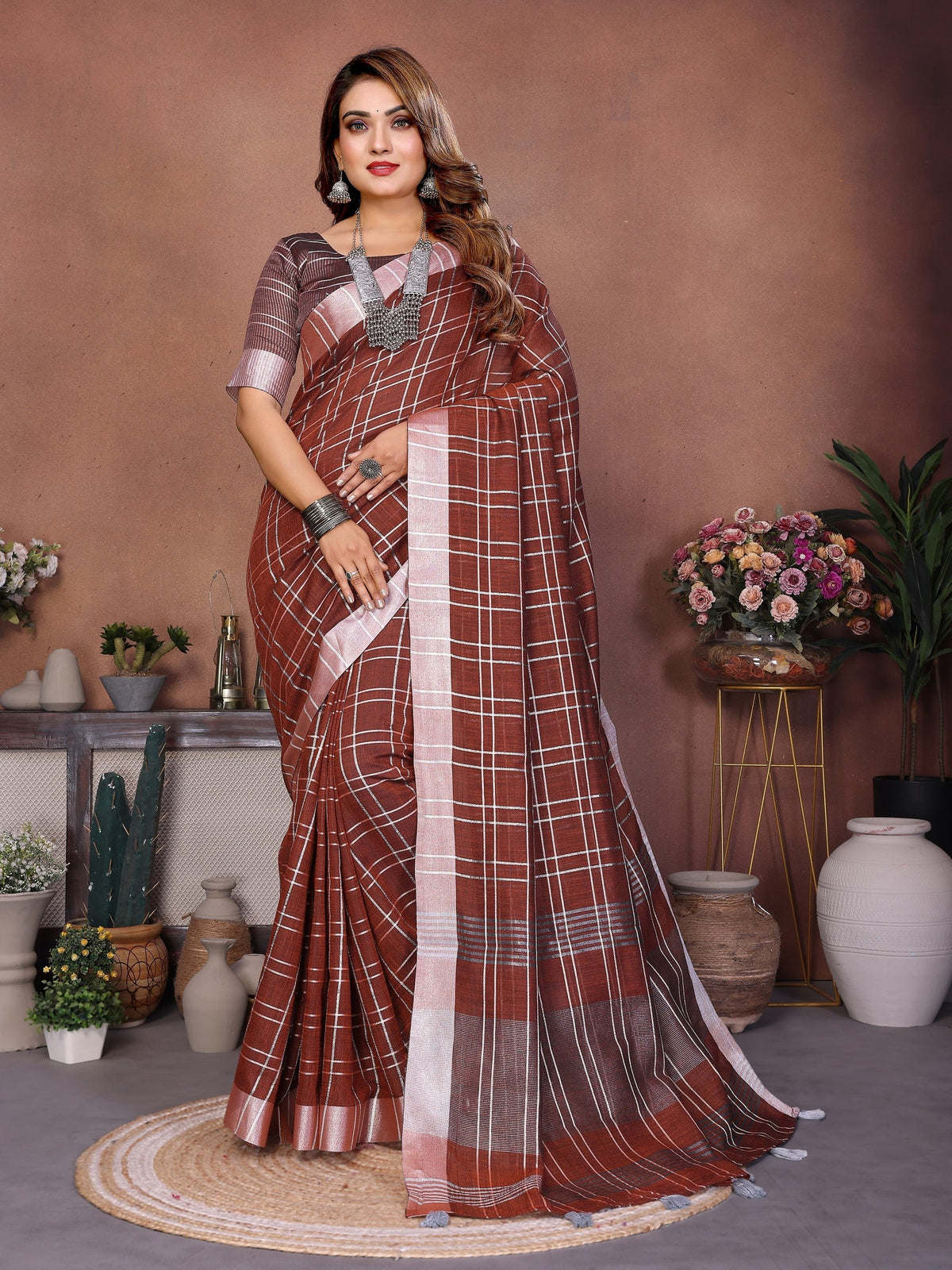 Anaita Brown Weaving Linen Cotton Saree With Blouse | Grocsy