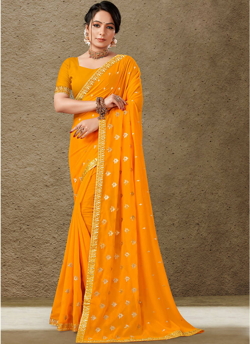 Mustard Georgette Embroidered Saree with Unstitched Blouse Piece - Avika | Grocsy