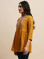Mustard Chinon Embroidered Top - Tarini | Grocsy