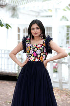 Jyoti Fashion Women's Navy Blue Sequins Thread Embroidery Faux Blooming Anarkali Dress | Grocsy