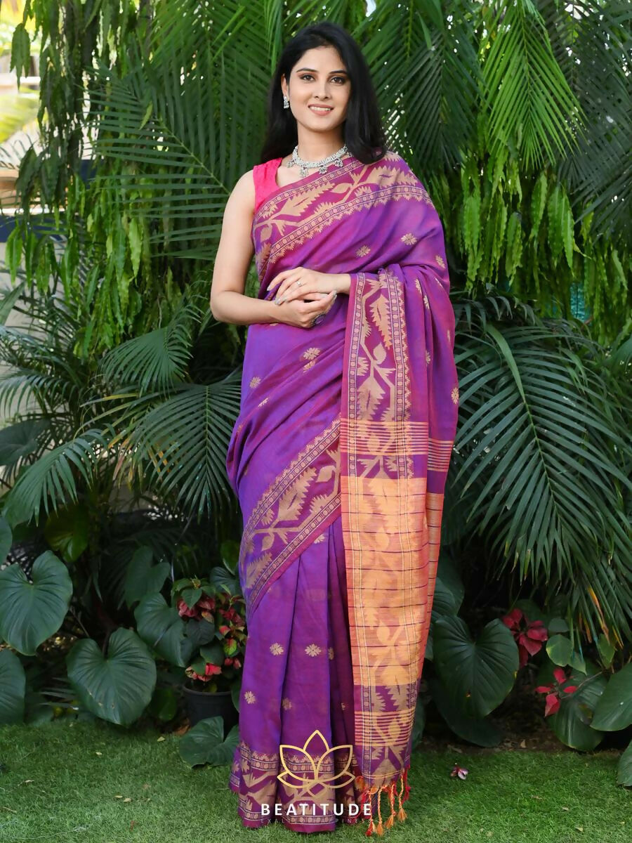 Exclusive Collection Beautiful Violet Pure Cotton Woven Handloom Saree With Running Blouse Piece | Grocsy