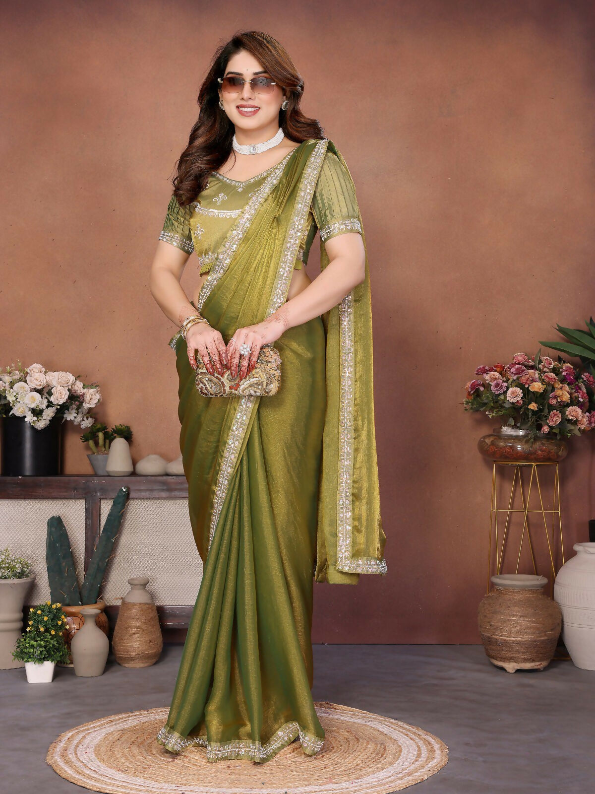Teeya Creation Trendy Stylish Party Wear Fendy Chiffon Saree-Green | Grocsy