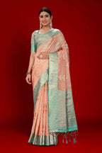 Orange Soft Organza Woven Design Saree With Unstitched Blouse Piece - Zaara | Grocsy