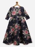 Ahalyaa Navy Blue Digital Print Floral Kids Dress For Girls | Grocsy