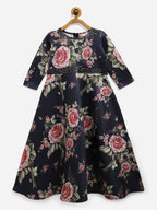Ahalyaa Navy Blue Digital Print Floral Kids Dress For Girls | Grocsy
