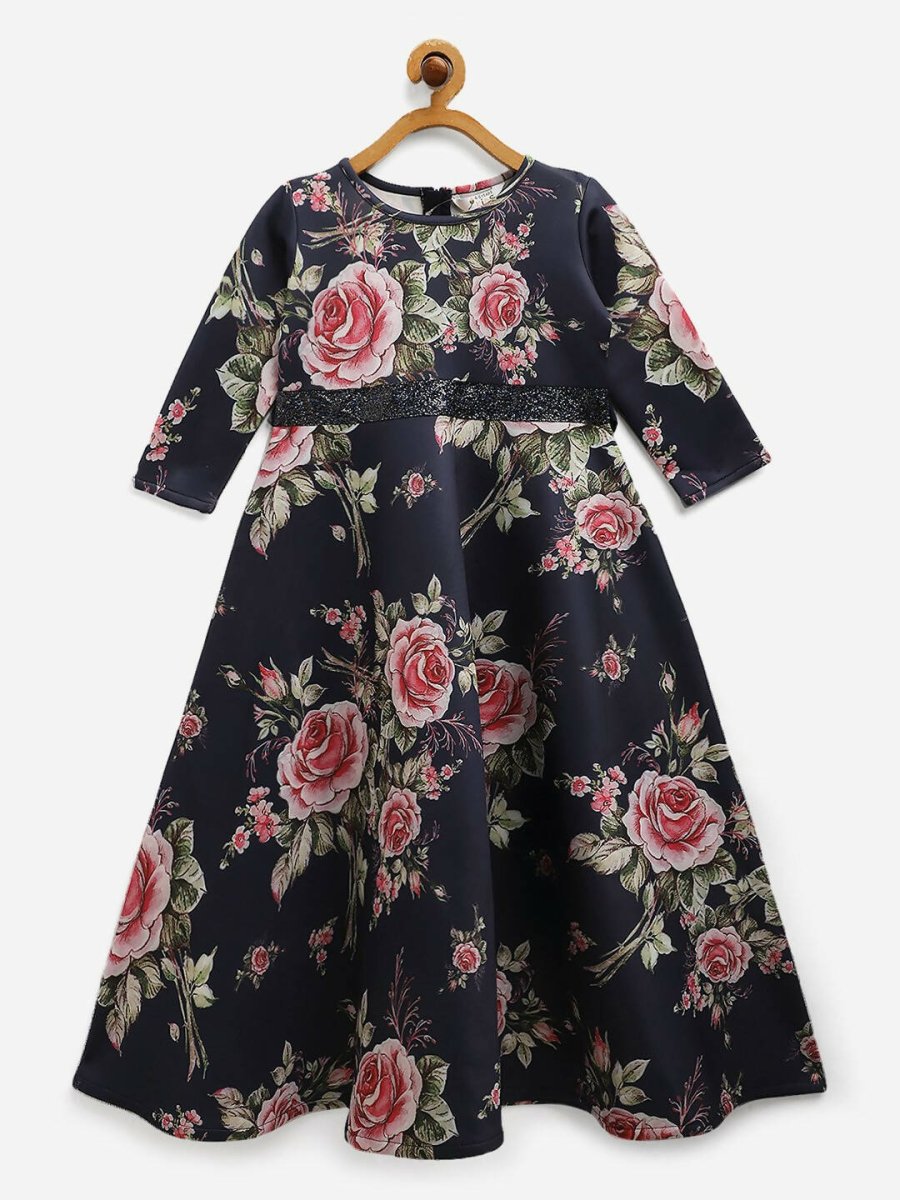 Ahalyaa Navy Blue Digital Print Floral Kids Dress For Girls | Grocsy