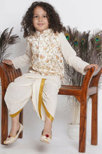 Little Bansi Banarsi Silk Orange Pink Floral Embroidery Jacket With Cotton Kantha kurta And Kantha Dhoti - Cream | Grocsy